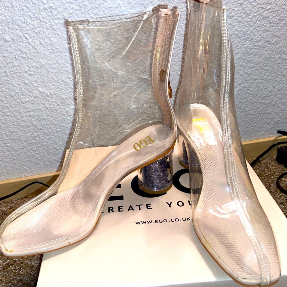 Clear PVC heeled boots with sparkly heel size 7